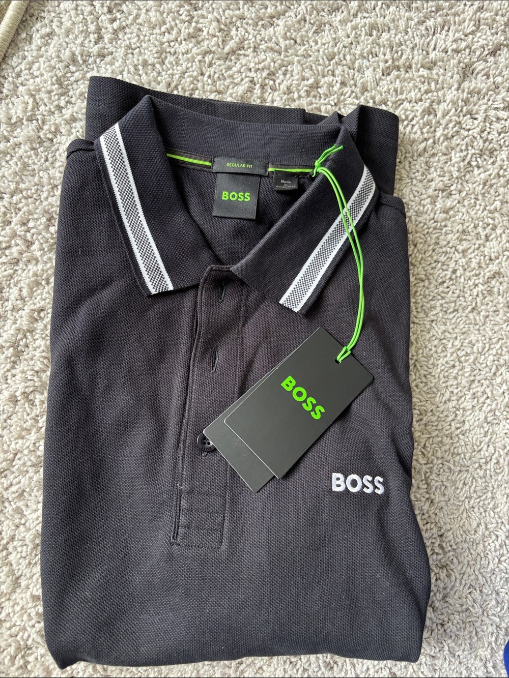 NWT BOSS Black Polo with White Collar Stripes (men )